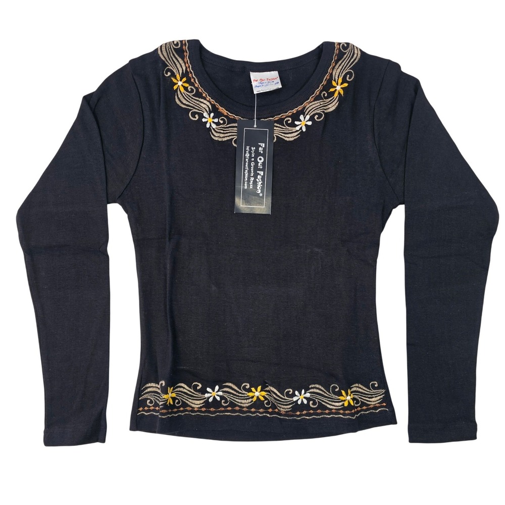 Far Out Fashion Black Floral Embroidered Long Sleeve Cotton Ribbed Top Large NWT
